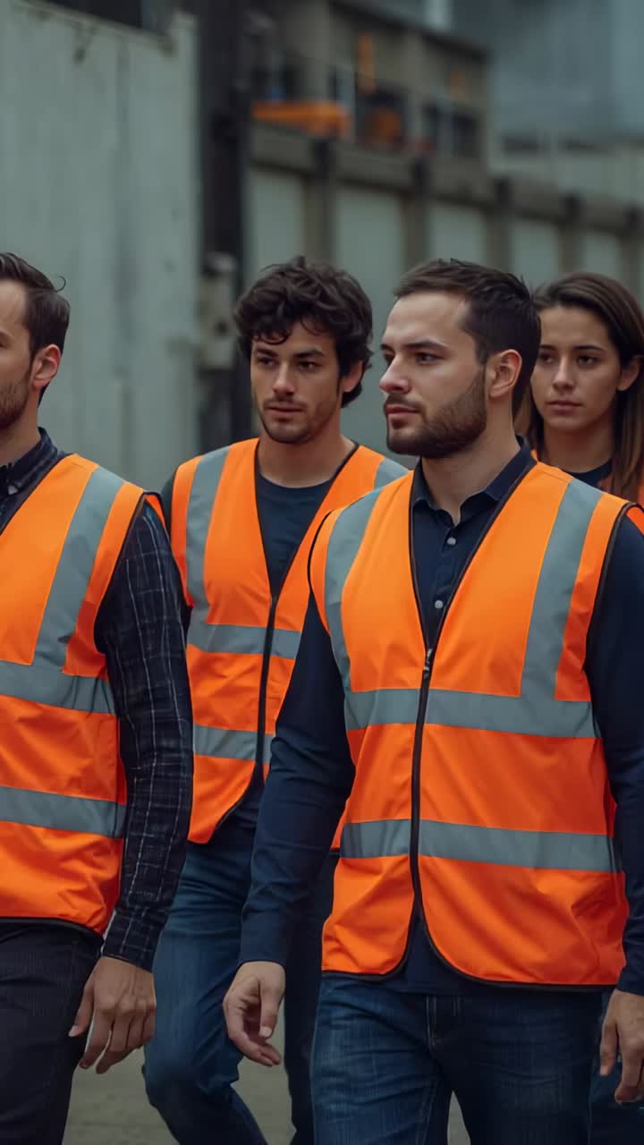 Vertical video: Stepping bearded man leading crew along site path heading to work with orange vests