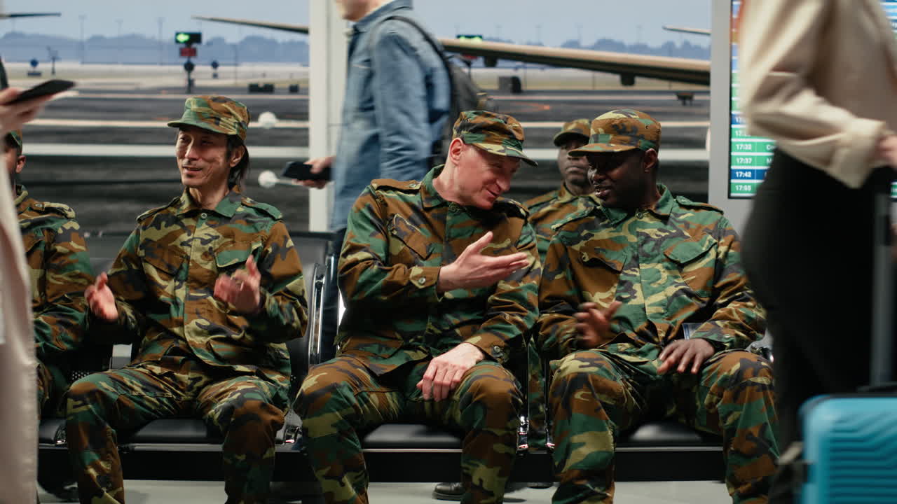 Squadra militare sorridente che chiacchiera nella lounge dell'aeroporto, in attesa dell'arrivo dell'aereo