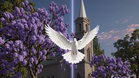 animation shows a white dove progressively appearing and flying over a church surrounded by purple flowering trees, symbolizing peace, hope, and spirituality