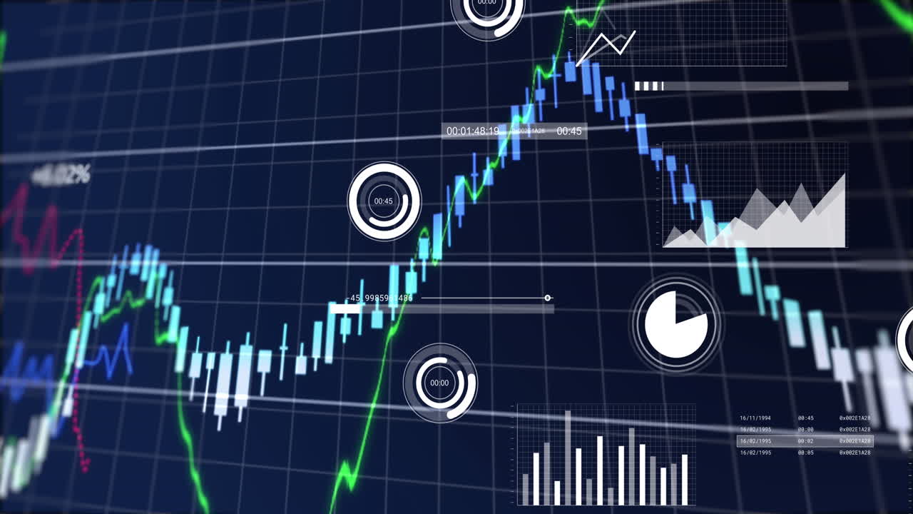 animación de la interfaz con el procesamiento de datos financieros contra un fondo azul.