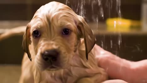 adorable puppy enjoys bathing experience: playful moments captured during water shower in cozy indoor setting