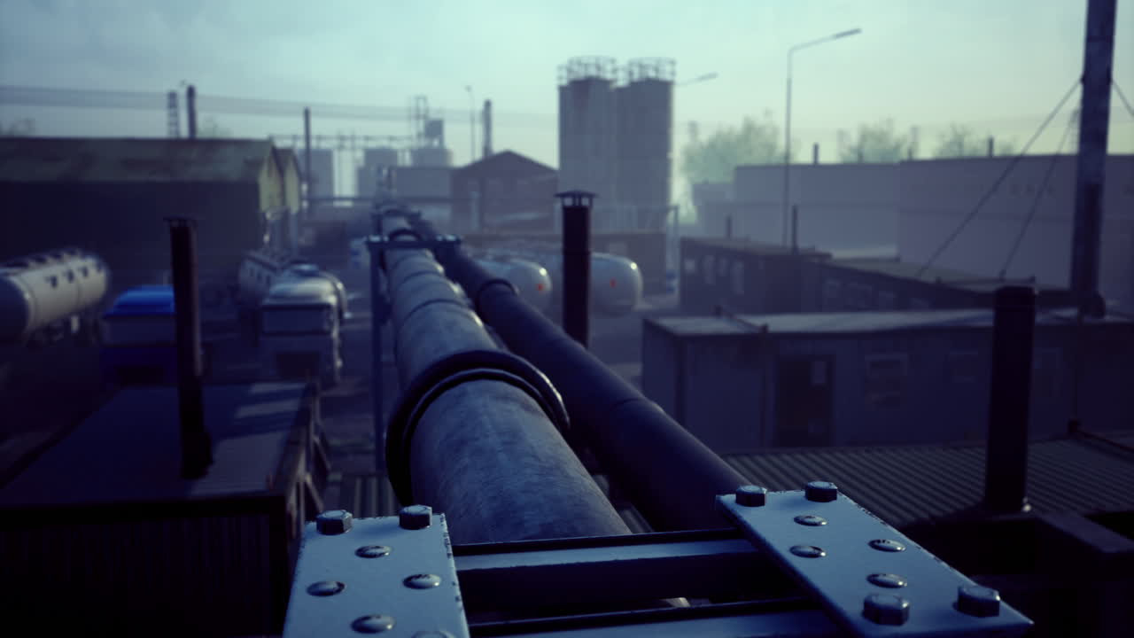 Industrial landscape featuring long pipes and warehouses at dusk