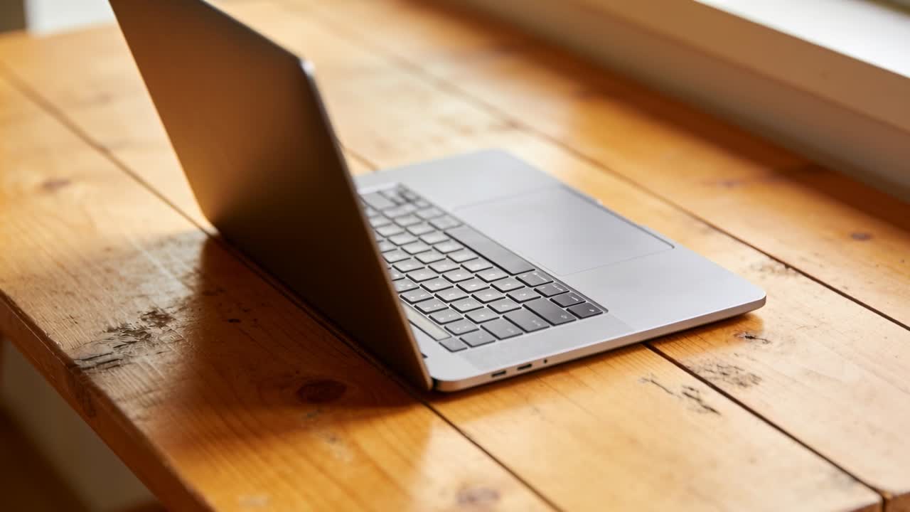 Kamera fokuserer på en sølvfarvet bærbar computer på et træbord, fremviser tastatur og trackpad til en tech-optagelse.