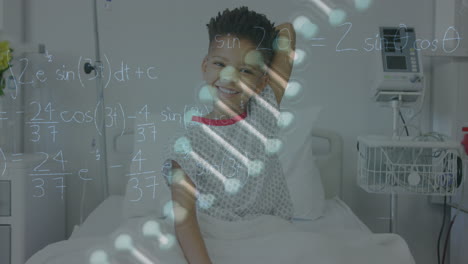 animation of dna strand and maths formulae over smiling african american boy patient in hospital bed