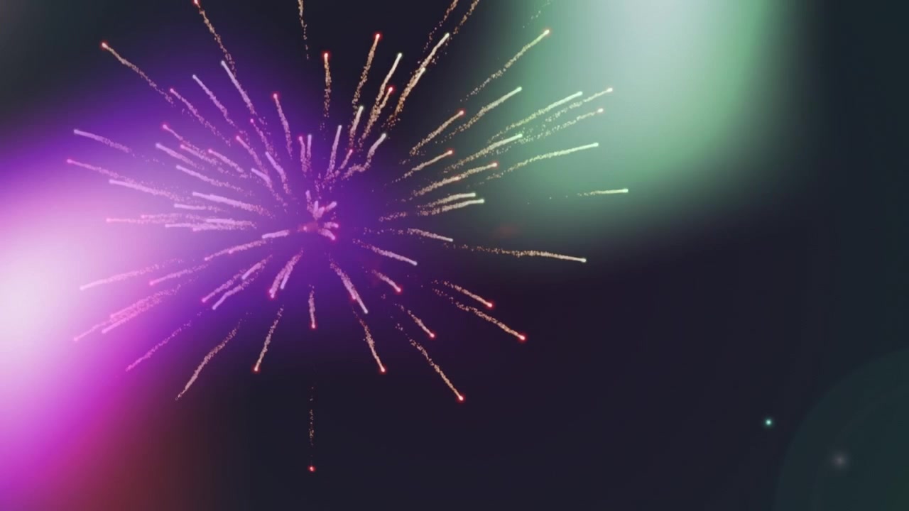 Digital animation of fireworks exploding against colorful spots of light on black background