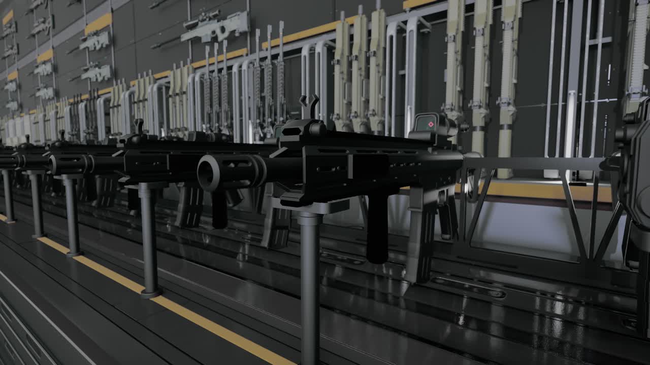 Row of Assault Rifles and Other Firearms on Display Wall
