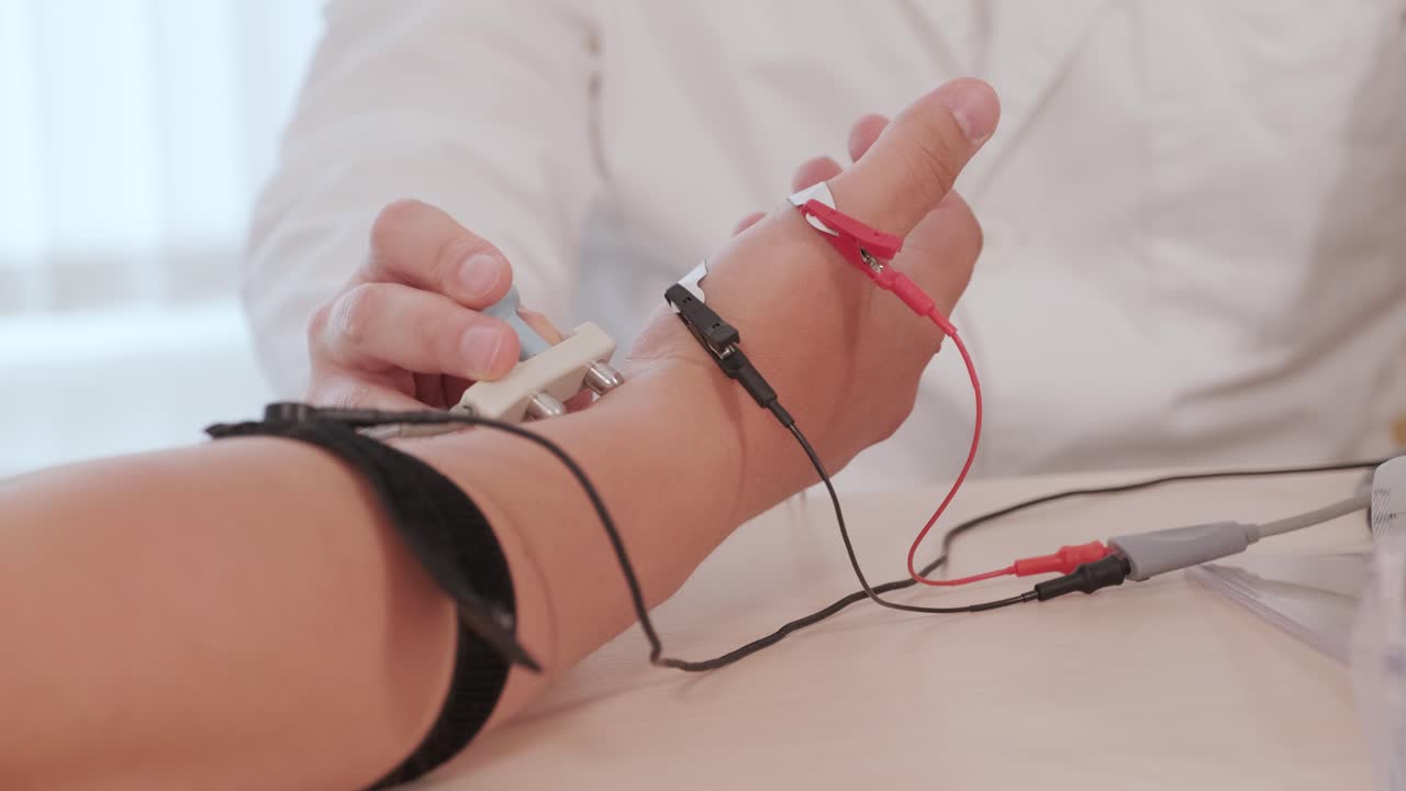 pruebas de nervios del paciente utilizando electromiografía en el centro médico