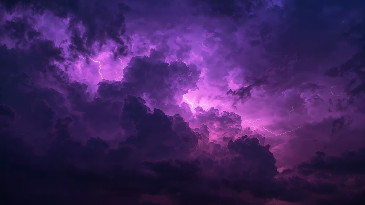 Charging cumulonimbus cloud releasing internal lightning flashes at night, lighting purple billows