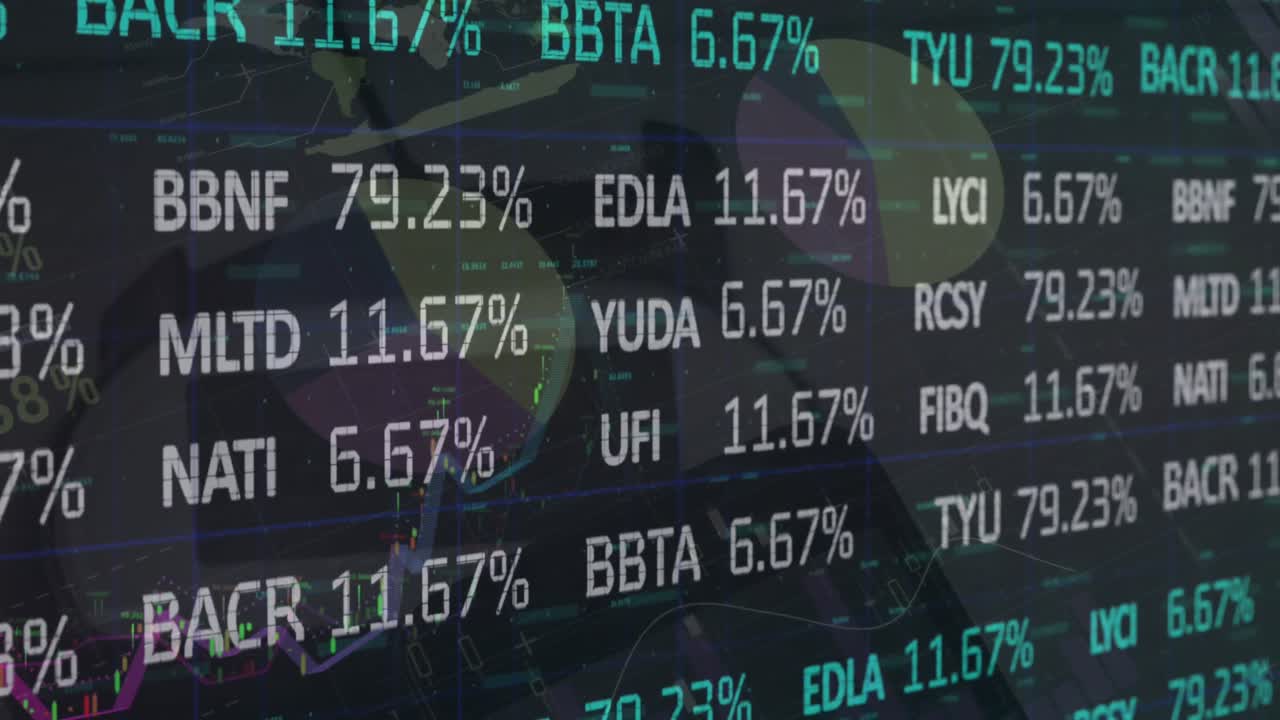 Animazione di elaborazione dati finanziari, statistici e di borsa su sfondo grigio