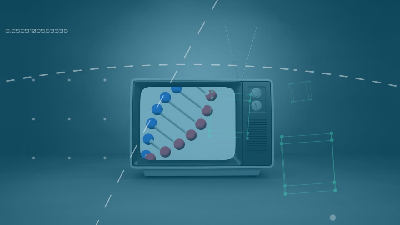 Animación de procesamiento de datos sobre cadena de ADN en televisor