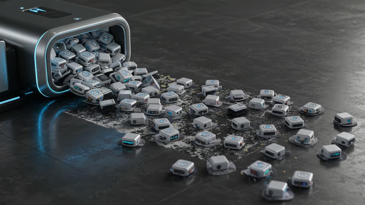 A Modern Robotic Device Disperses Miniature Robots Across a Sleek Floor, Showcasing Advanced Technology and Innovative Cleaning Solutions in an Urban Setting