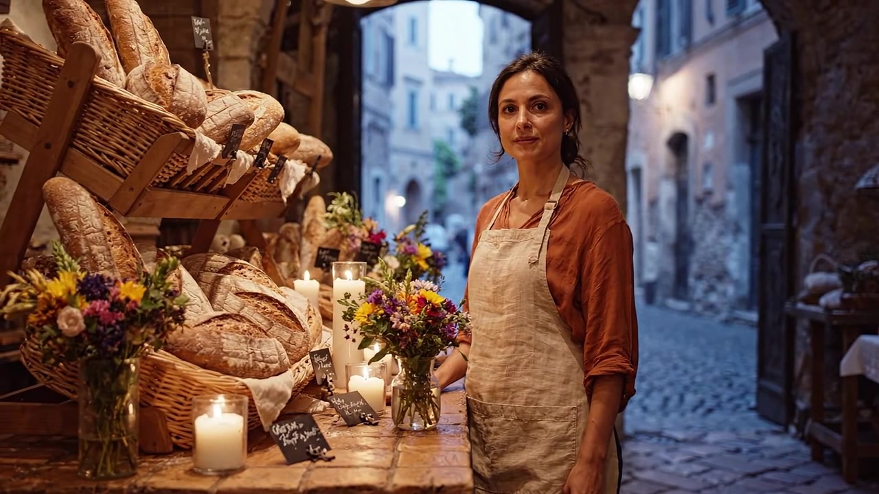 Una fornaia serena che ammira la sua esposizione di pane artigianale, circondata da fiori e candele, in un pittoresco vicolo acciottolato al tramonto, incarnando calore e artigianalità