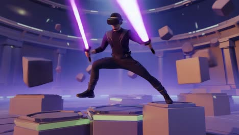 person in vr headset wielding lightsabers in a virtual arena