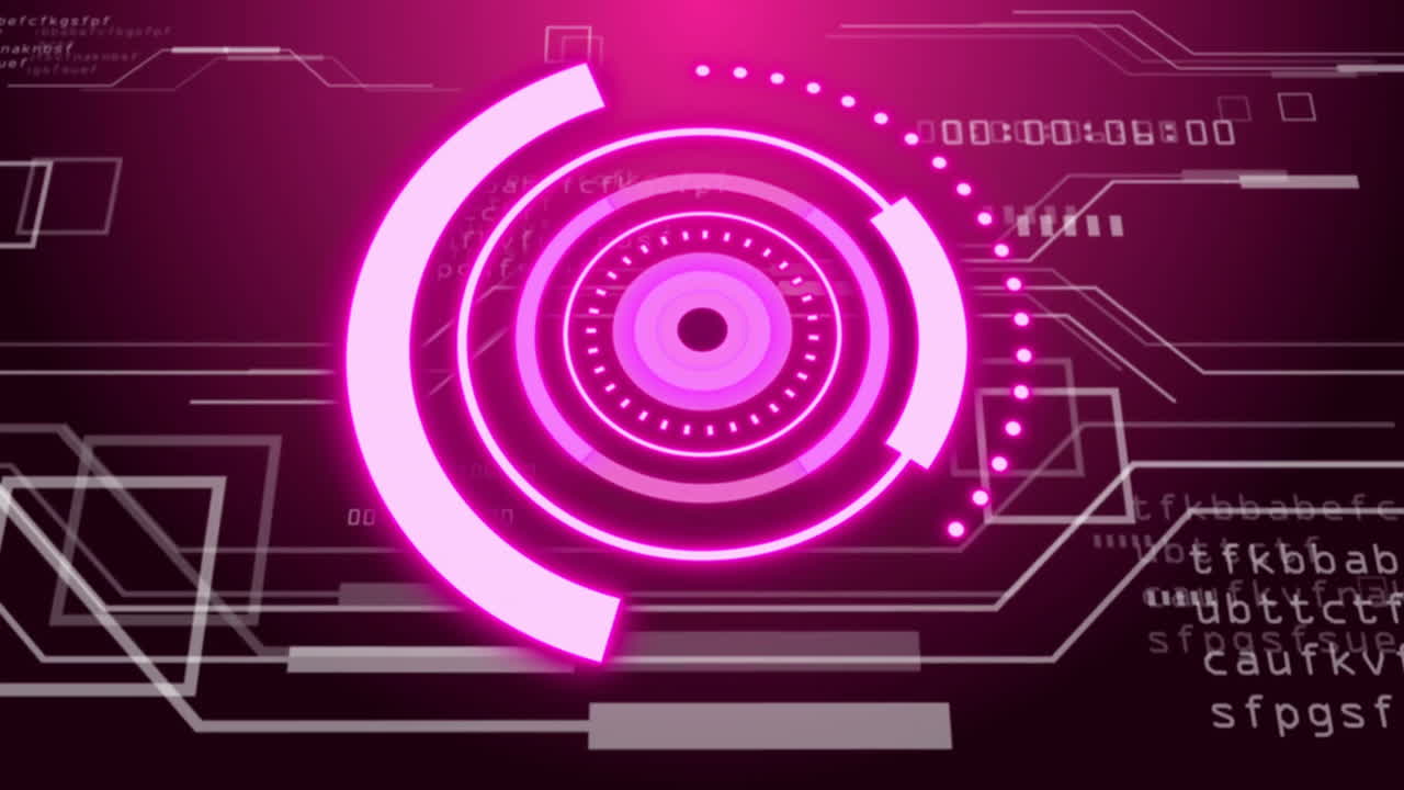 Futuristic digital interface with rotating pink circles and binary coding animation