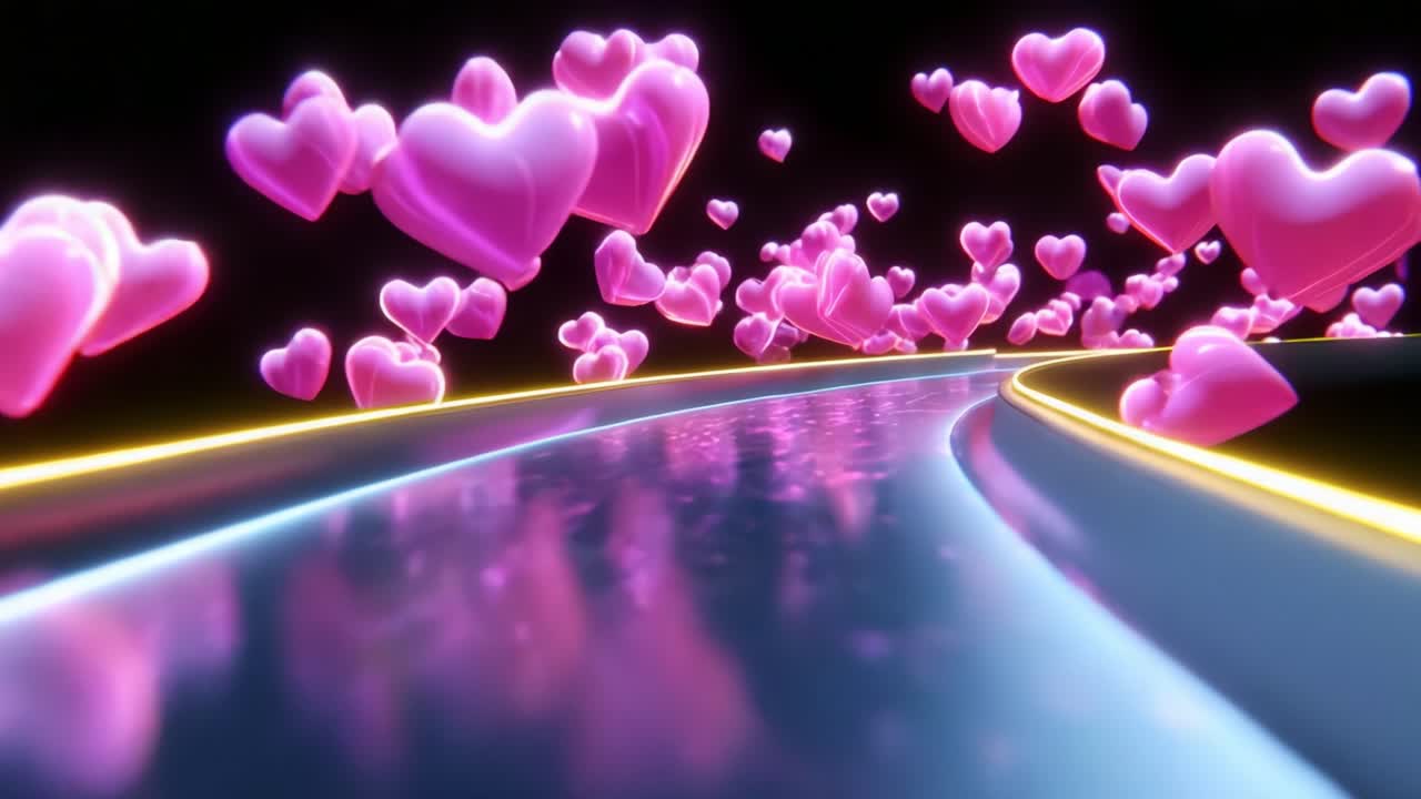 A mesmerizing journey through a vibrant pathway adorned with floating, luminous pink hearts, creating an enchanting atmosphere of love and joy as they elegantly drift across a shimmering surface