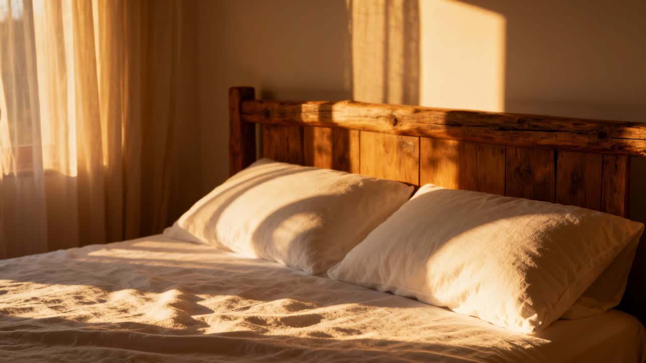Luce solare che filtra e si sposta attraverso la finestra sul letto di casa, con il sole che si muove, testiera e due cuscini.