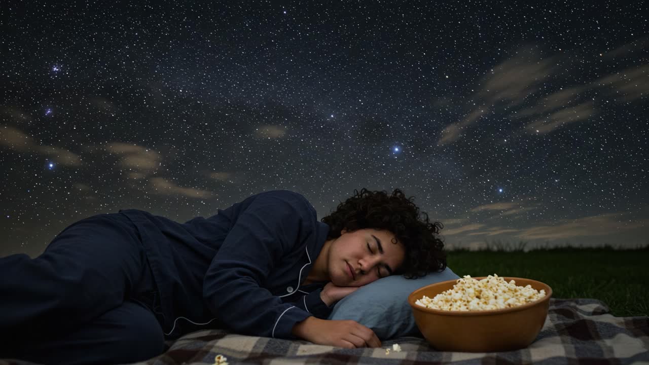 En fredfyldt nat under stjernerne: Et hyggeligt øjeblik med afslapning og popcorn midt i den himmelske pragt og rolige atmosfære, mens man nyder stjernehimlen