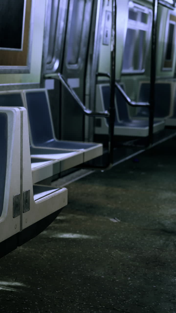 Vagone della metropolitana con posti a sedere vuoti di notte in un'area urbana