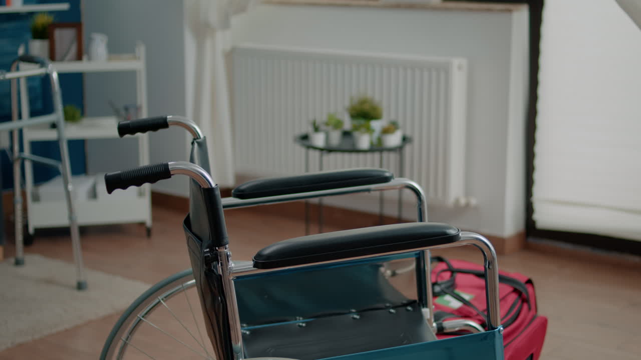 Close up of wheelchair in empty room at nursing home