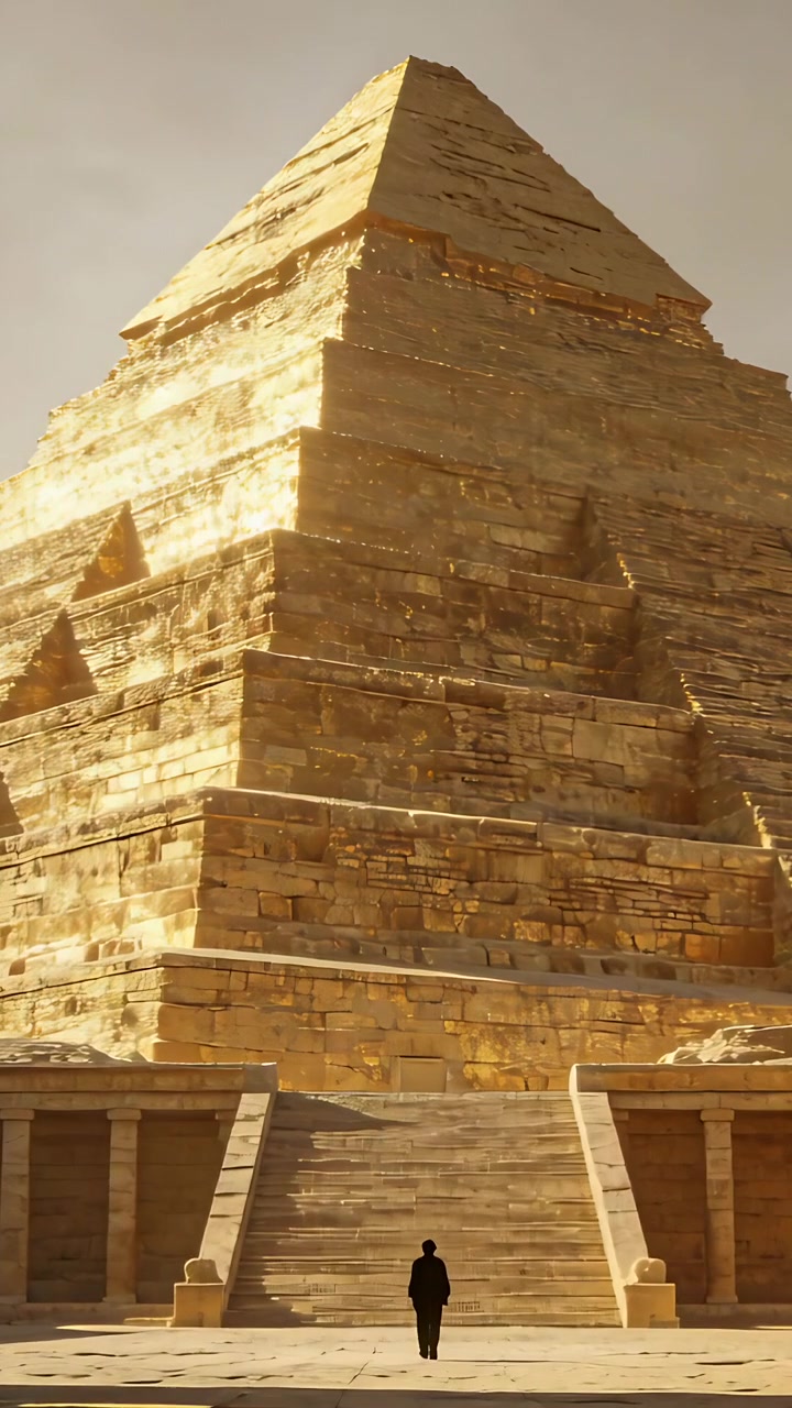 Vertikální video: Blížící se muž v tmavém kabátě zastavující se před schodištěm u pyramidy, přitahován vchodem