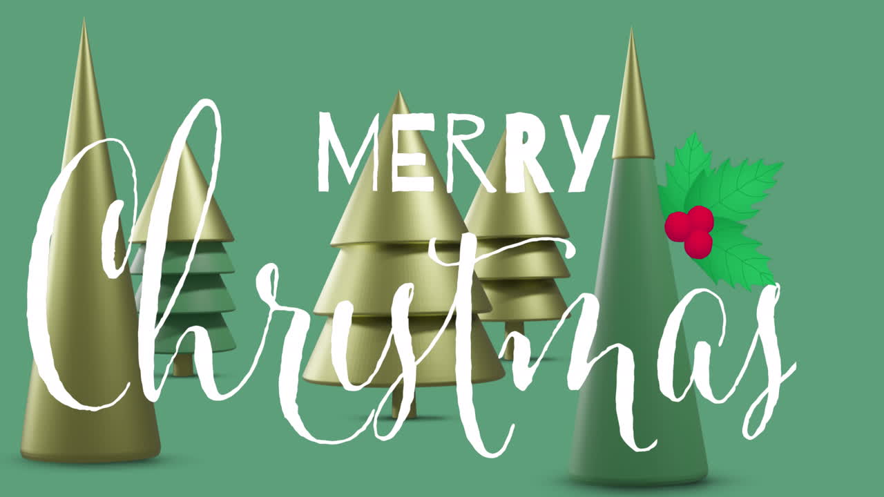 녹색 배경에 크리스마스 장식 위에 메리 크리스마스 텍스트의 애니메이션