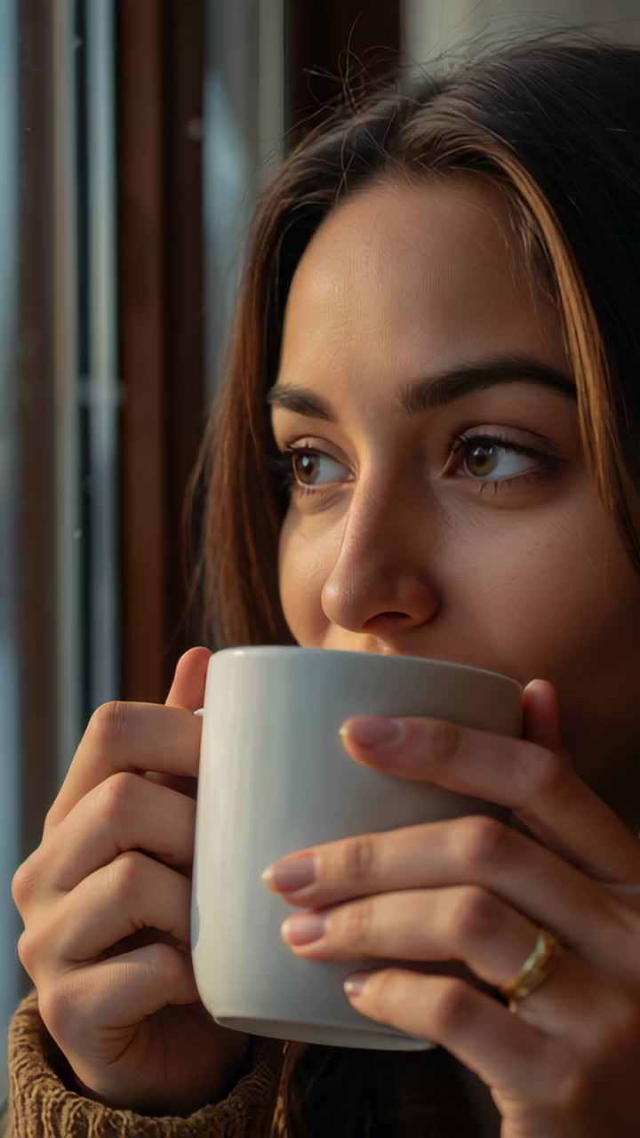 Vídeo vertical: mujer dibujada por el sol en casa con tejido marrón bebiendo de una taza blanca junto a una ventana con un anillo de oro