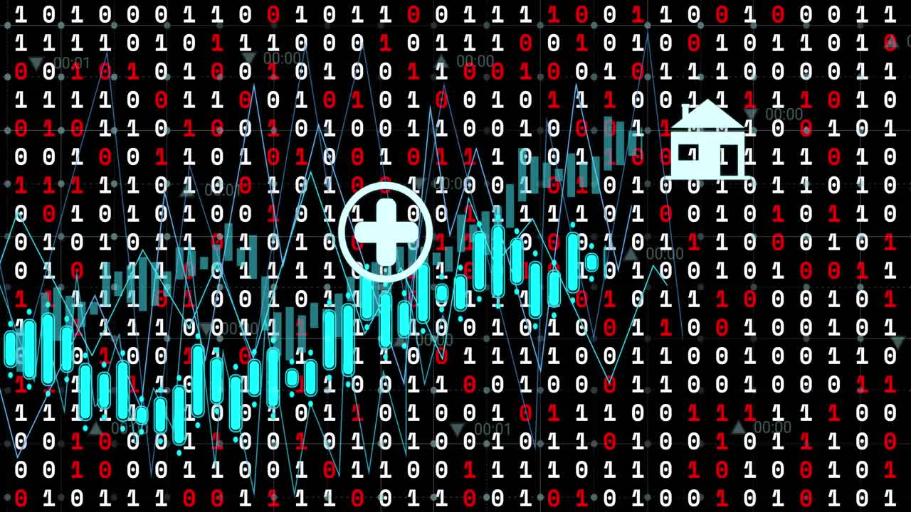 검은색 배경에 바이너리 코딩을 통해 아이콘으로 데이터 처리의 애니메이션