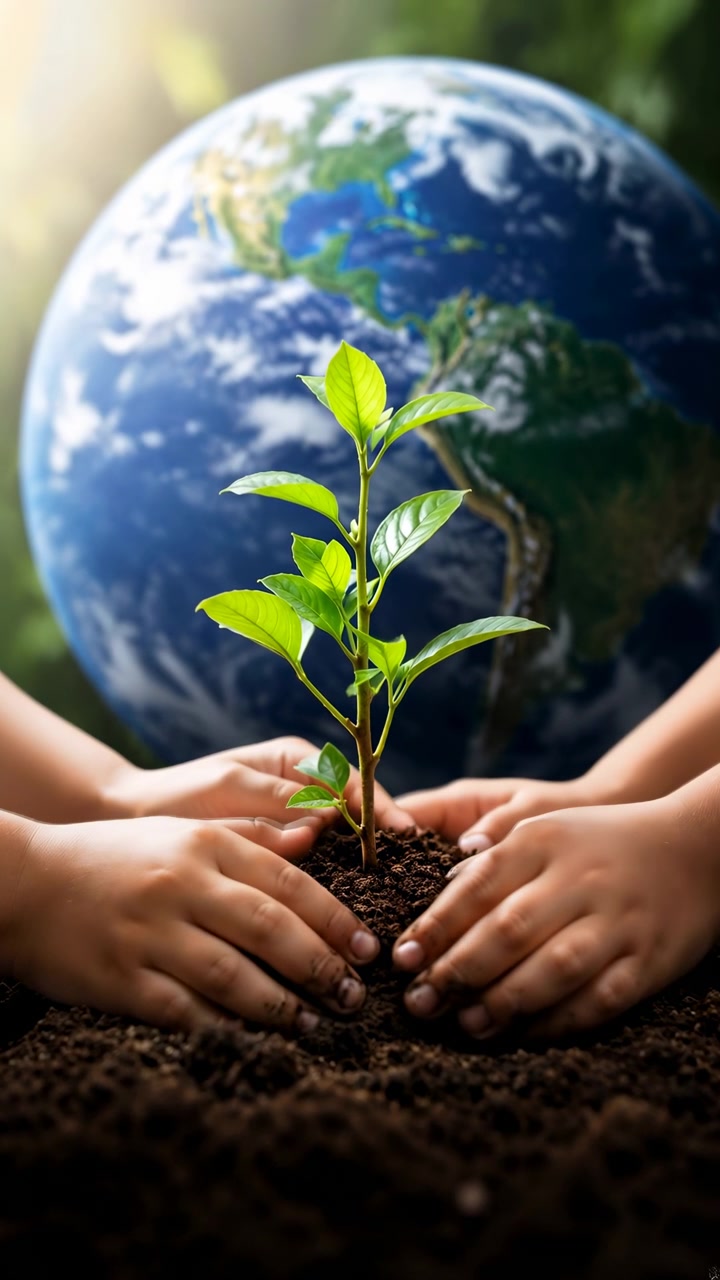 Várias mãos seguram suavemente terra fértil ao redor de uma pequena muda verde, com um globo terrestre suavemente desfocado ao fundo e luz solar quente criando uma atmosfera inspiradora.