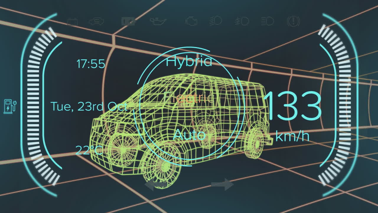animación del velocímetro con textos, números cambiantes sobre un modelo 3d de furgoneta contra un fondo negro