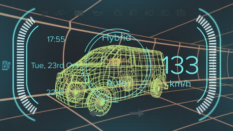animación del velocímetro con textos, números cambiantes sobre un modelo 3d de furgoneta contra un fondo negro