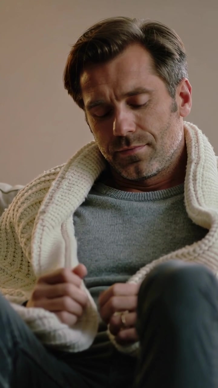 Video verticale: Uomo che si sistema sul divano, strofinando un anello sulla mano sinistra, indossando un cardigan, pensieroso