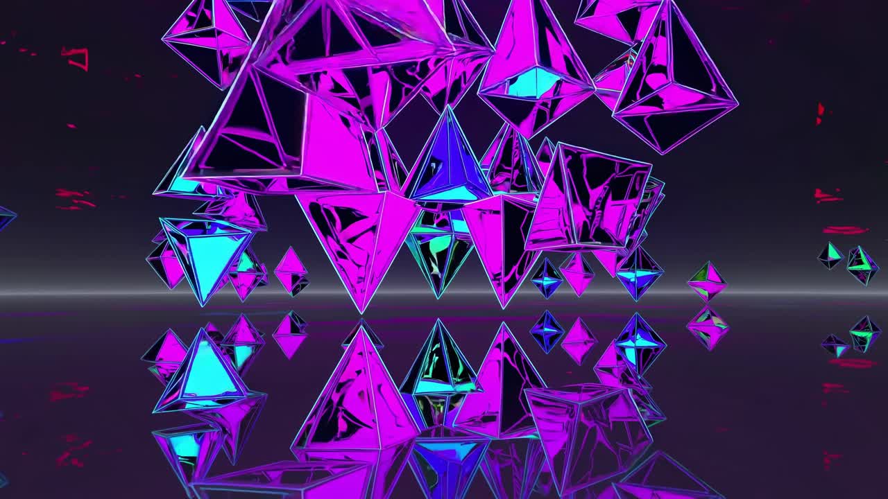 기하학적인 네온 피라미드가 떠다니며 어두운 반사 표면에 대해 회전하여 활기찬 빛나는 색상과 매혹적인 시각적 역학으로 몰입하는 미래의 디지털 풍경을 만니다.
