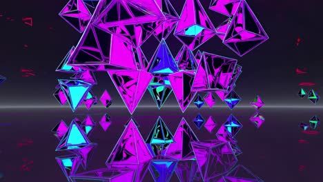 pirámides de neón geométricas flotando, girando contra la superficie reflectante oscura, creando un paisaje digital futurista inmersivo con colores luminescentes vibrantes y dinámicas visuales hipnotizantes