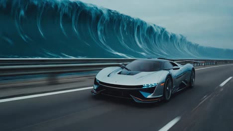 futuristic car driving on a highway with a giant tsunami wave in the background
