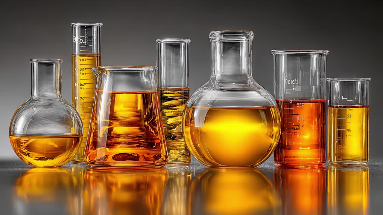 En samling laboratorieglass som viser forskjellige væsker i ulike former og størrelser, og gjenspeiler kunsten innen kjemi og eksperimentering.