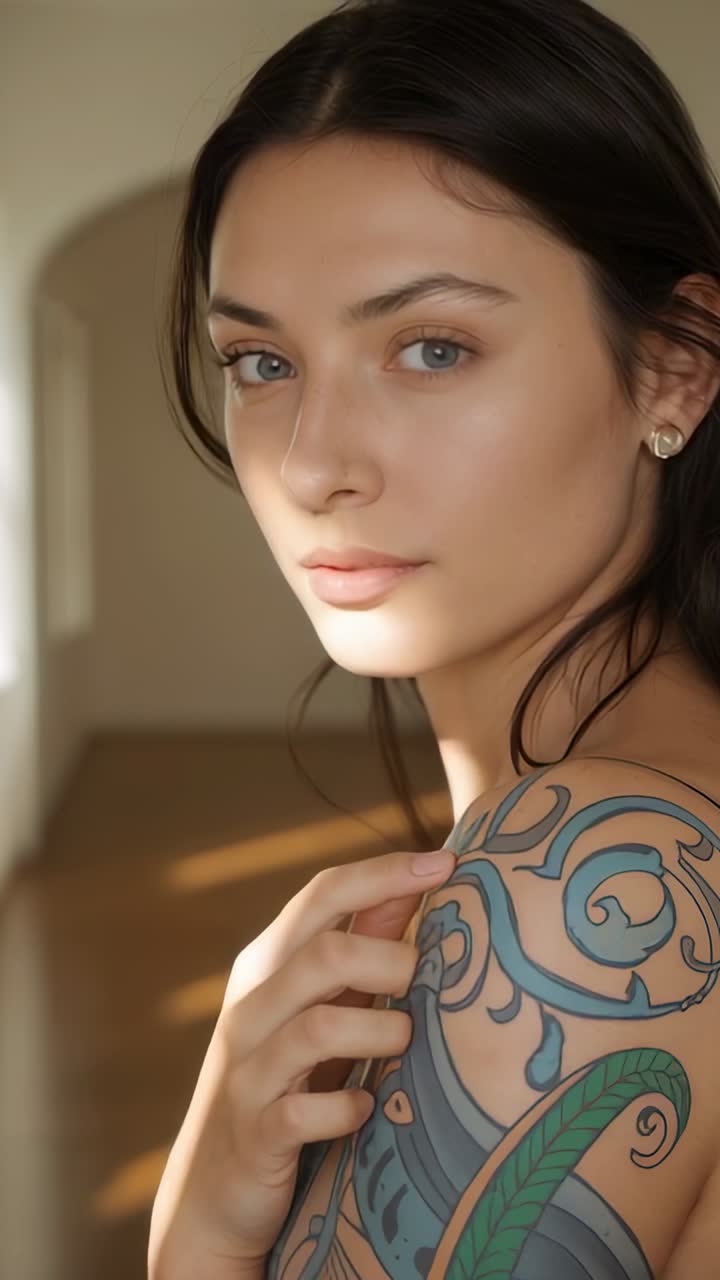 Video verticale: donna che si china toccando un tatuaggio su una spalla scoperta dopo che la luce del sole illumina l'ingresso