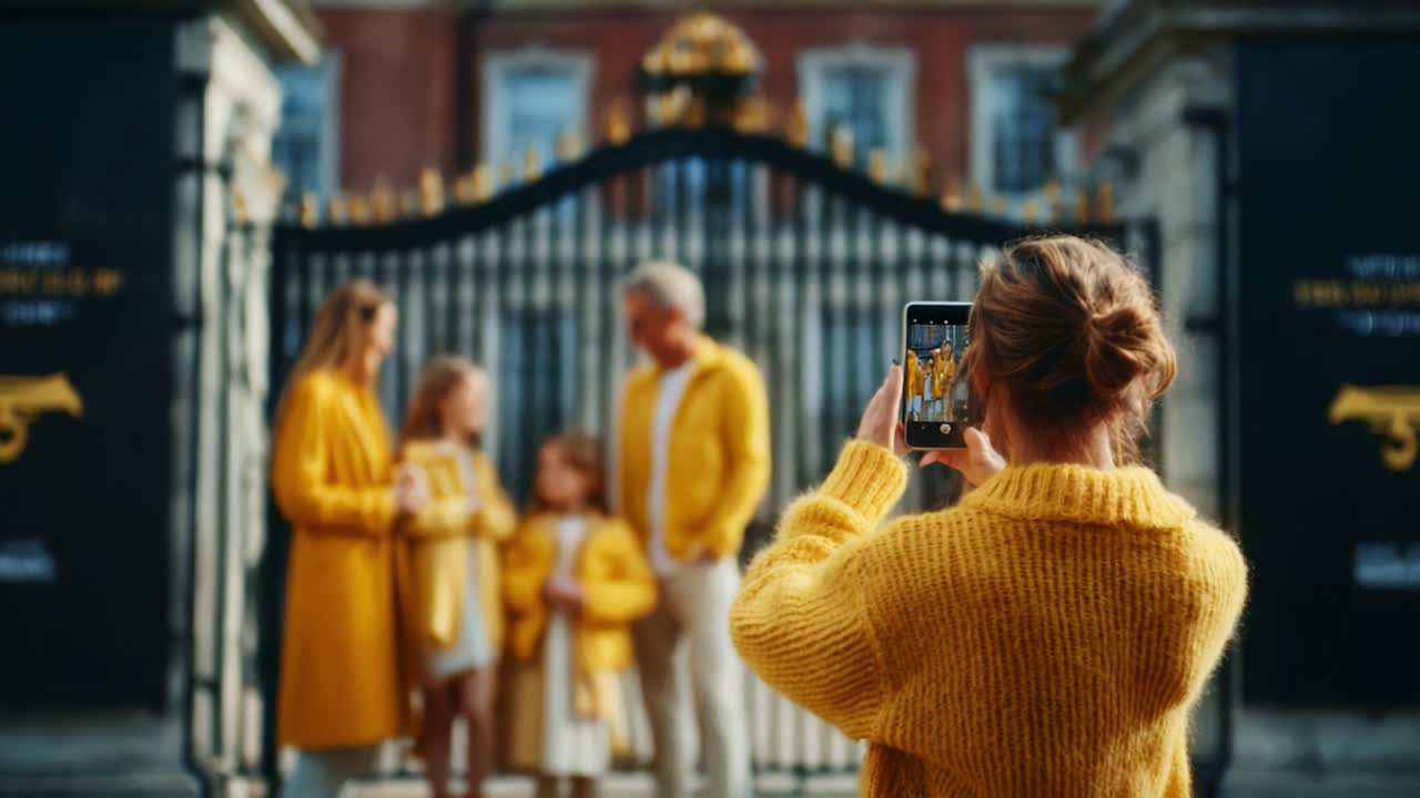 A joyful family captures a memorable moment in matching yellow outfits against an elegant entrance, showcasing love, unity, and vibrant colors in a cherished outdoor setting