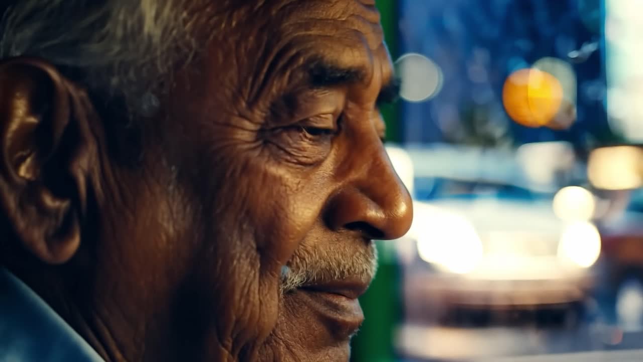 활기찬 도시 야간 생활을 상하는 노인, 향수와 지혜로 가득 찬 사려 깊은 표정을 보여줍니다.