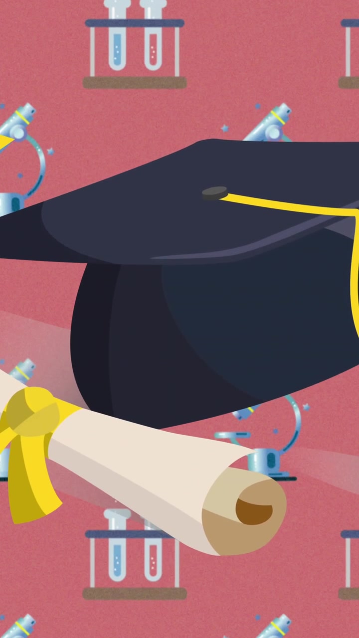 Animazione di diploma e cappello di laurea su icone di chimica.