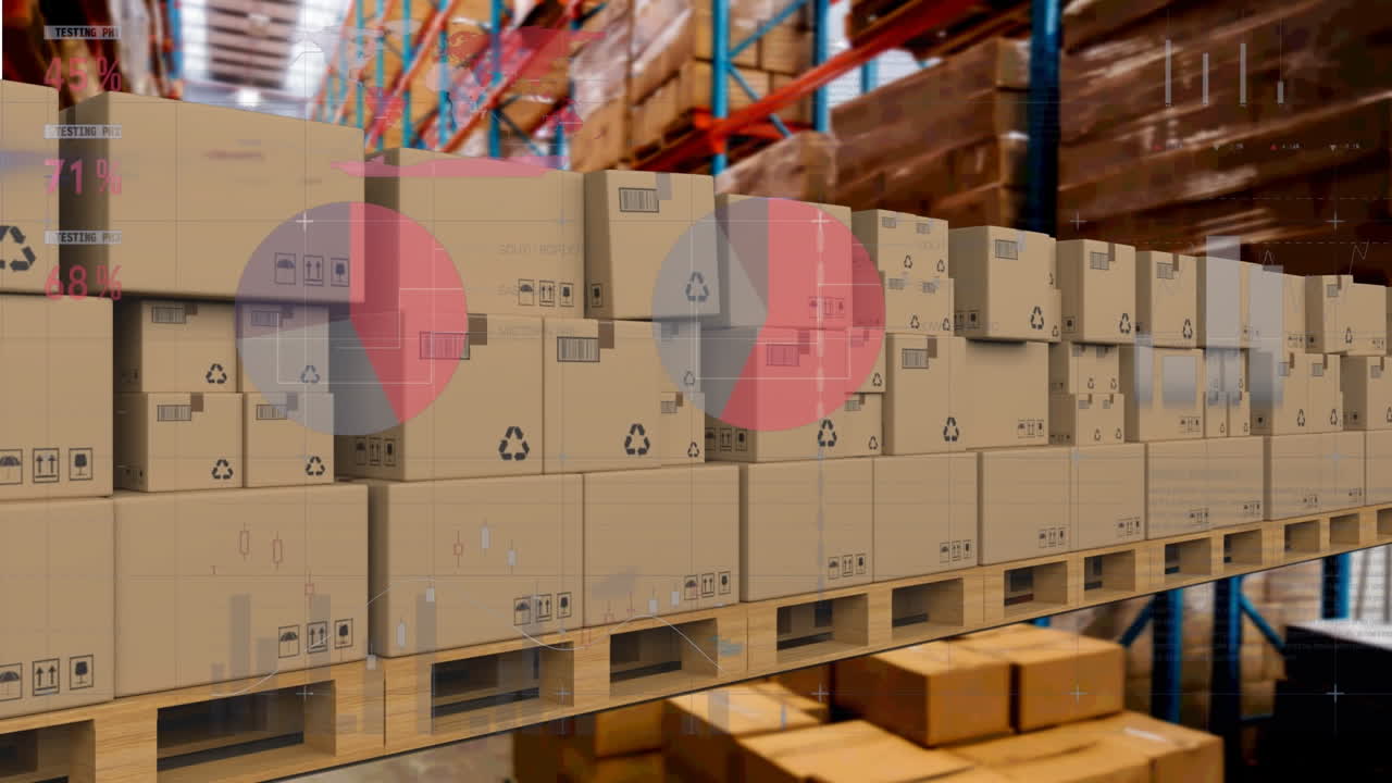 배경에서 컨베이어 벨트에 있는 카드보드 상자 위에서 통계 처리의 애니메이션