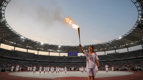 a solemn moment of unity and celebration as the torch is lit, illuminating the stadium and igniting the spirit of sportsmanship at a grand ceremonial event