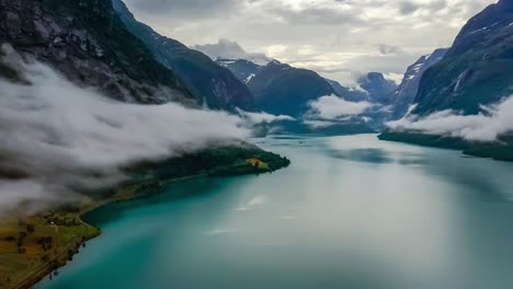 Beautiful-Nature-Norway-natural-landscape-lovatnet-lake-flying-over-the-clouds.