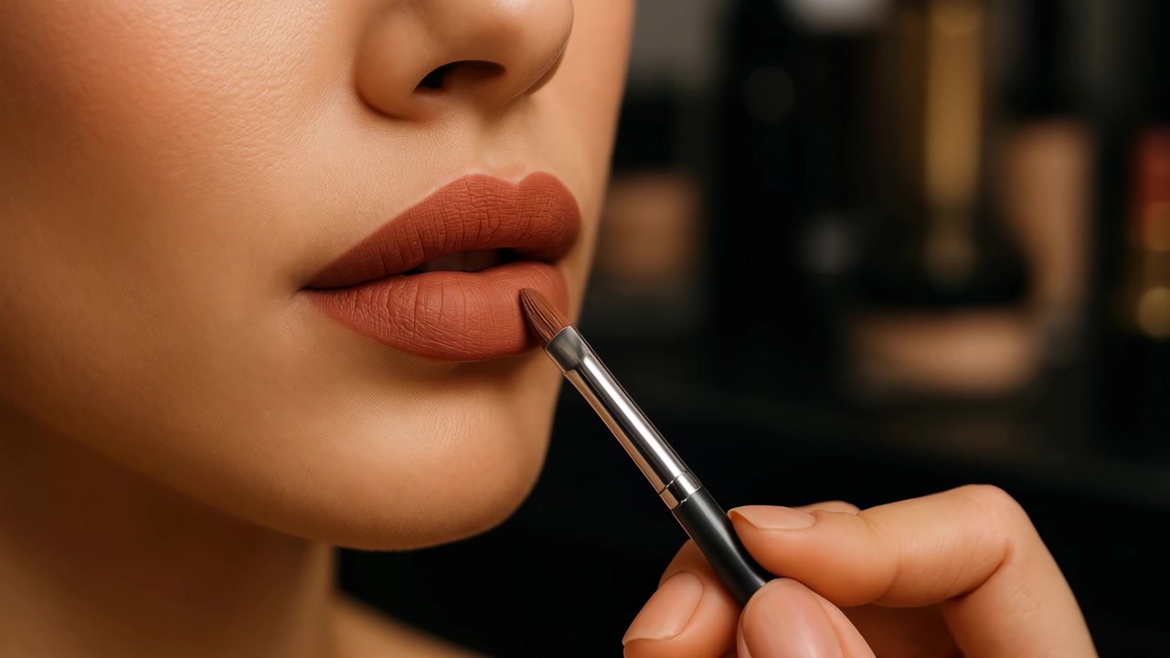 Professional Makeup Artist Applying Matte Lipstick with Brush