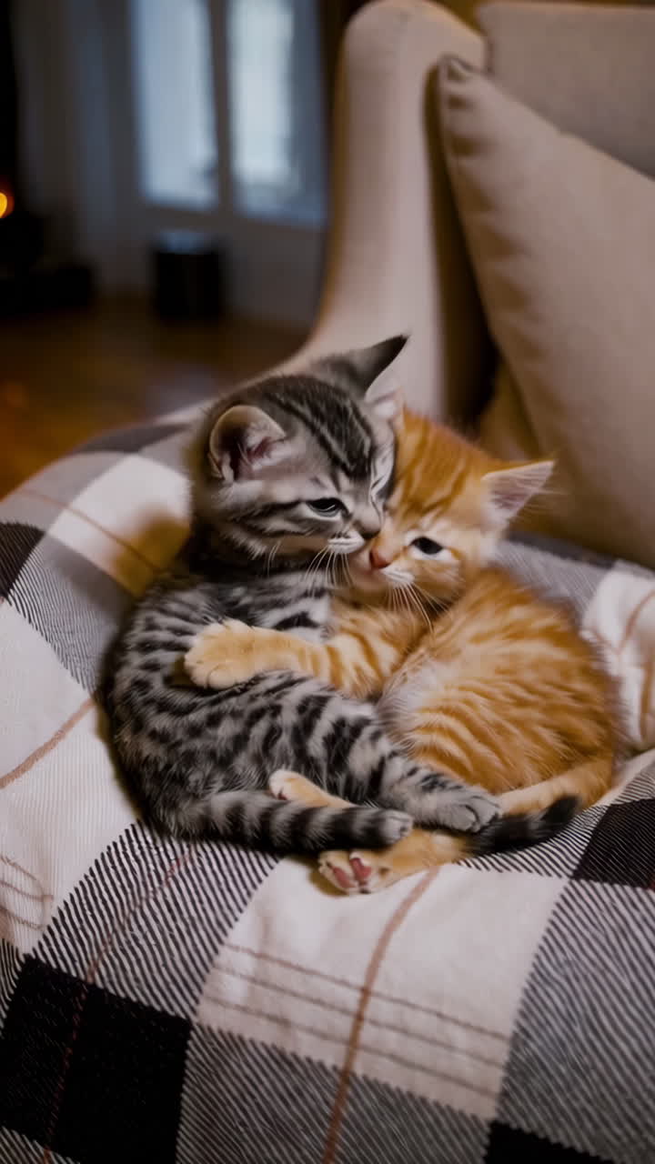 Two Kittens Hugging on a Sofa