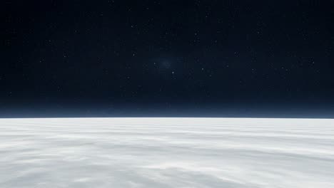a stunning cosmic scene capturing the vastness of space, featuring a dark starry sky merging with a smooth, icy surface underneath, invoking feelings of infinity and wonder