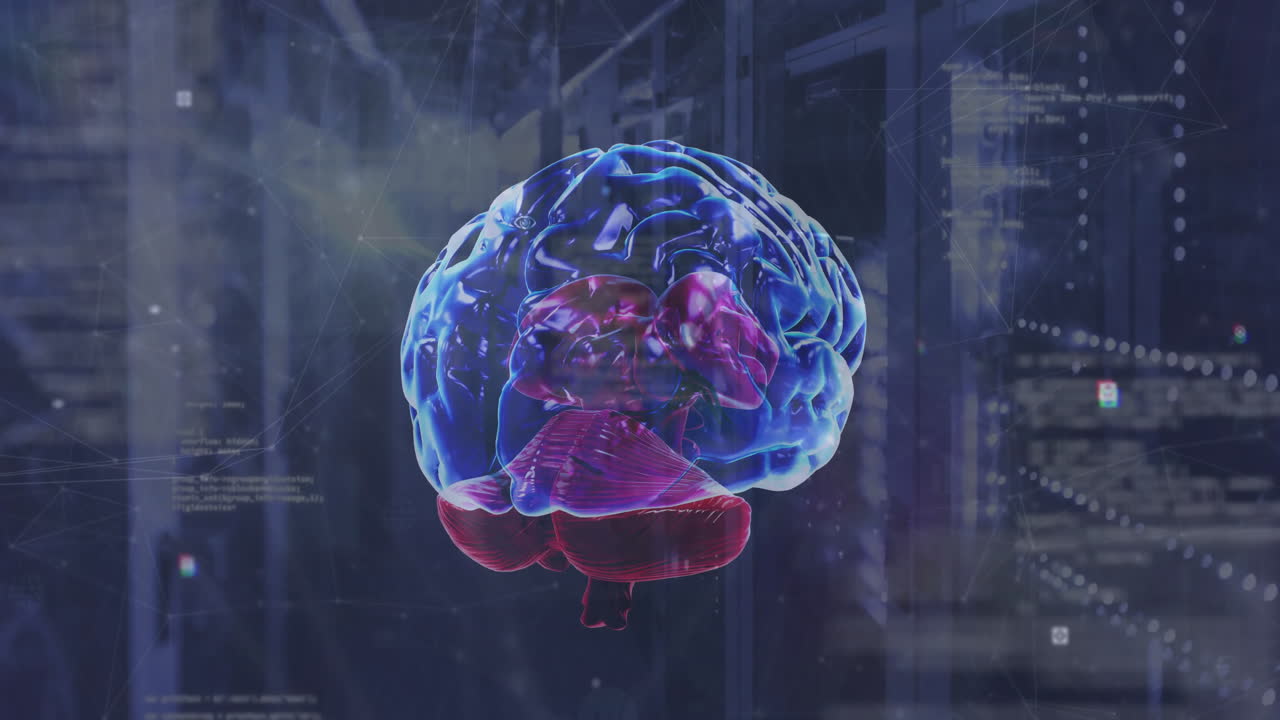 animación de cerebro giratorio a través de la red y procesamiento de datos en fondo oscuro
