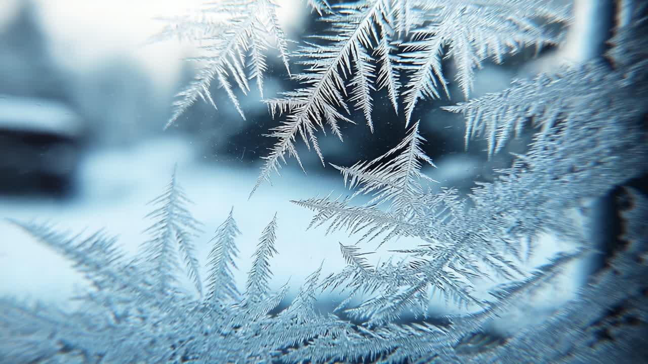 Intricate Frost Patterns Shine Through a Winter Window, Capturing the Beauty of Nature's Icy Artwork Against a Soft Snowy Background