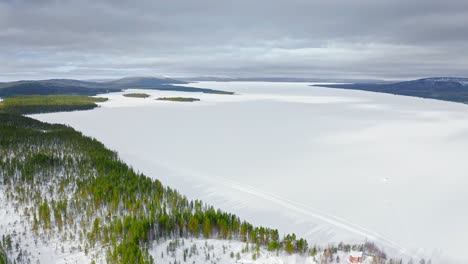 vuelo sobre bosques siempre verdes y lago espacioso congelado en temporada de invierno