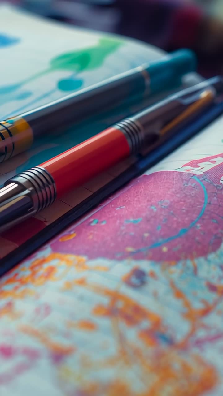 Vertical video: Shot opening focusing red pen tip on desk shifting revealing green pen and notebook