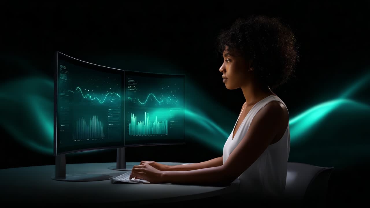A focused individual sits before dual monitors, analyzing data visualizations that swirl with vibrant green light, capturing the essence of concentration and modern technology in an immersive environment